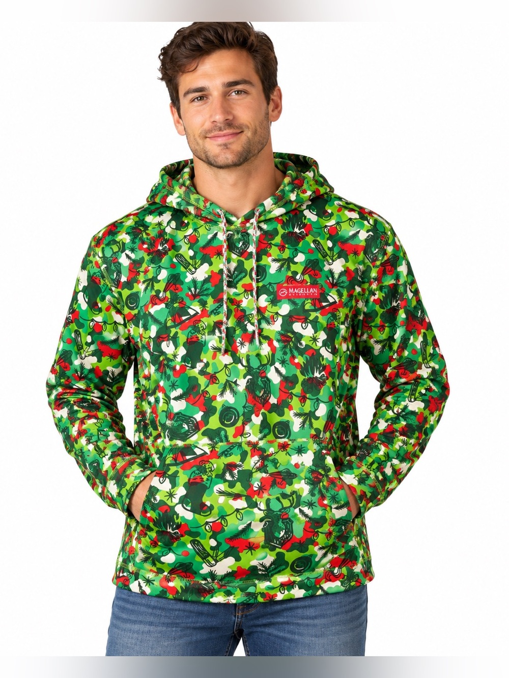 Magellan Outdoors Green and Red Camo Crewneck Hoodie